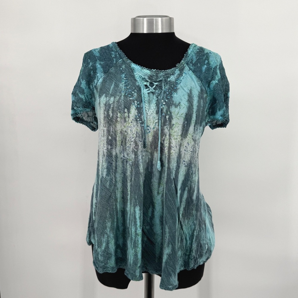 Advance Apparels Women Teal Tie Dye Sequin Boho Cotton Top Free Size Indie